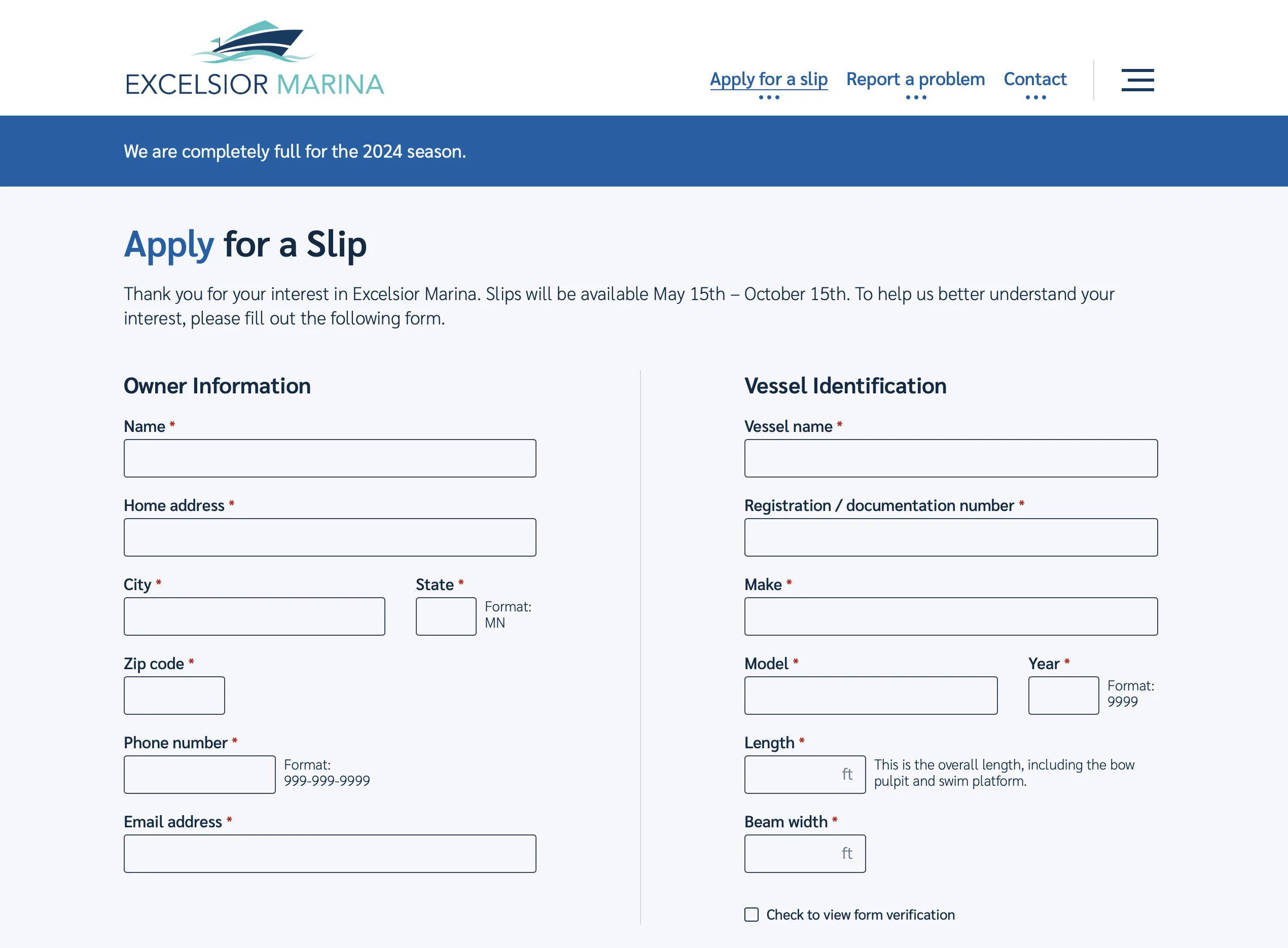 Excelsior Marina — application page