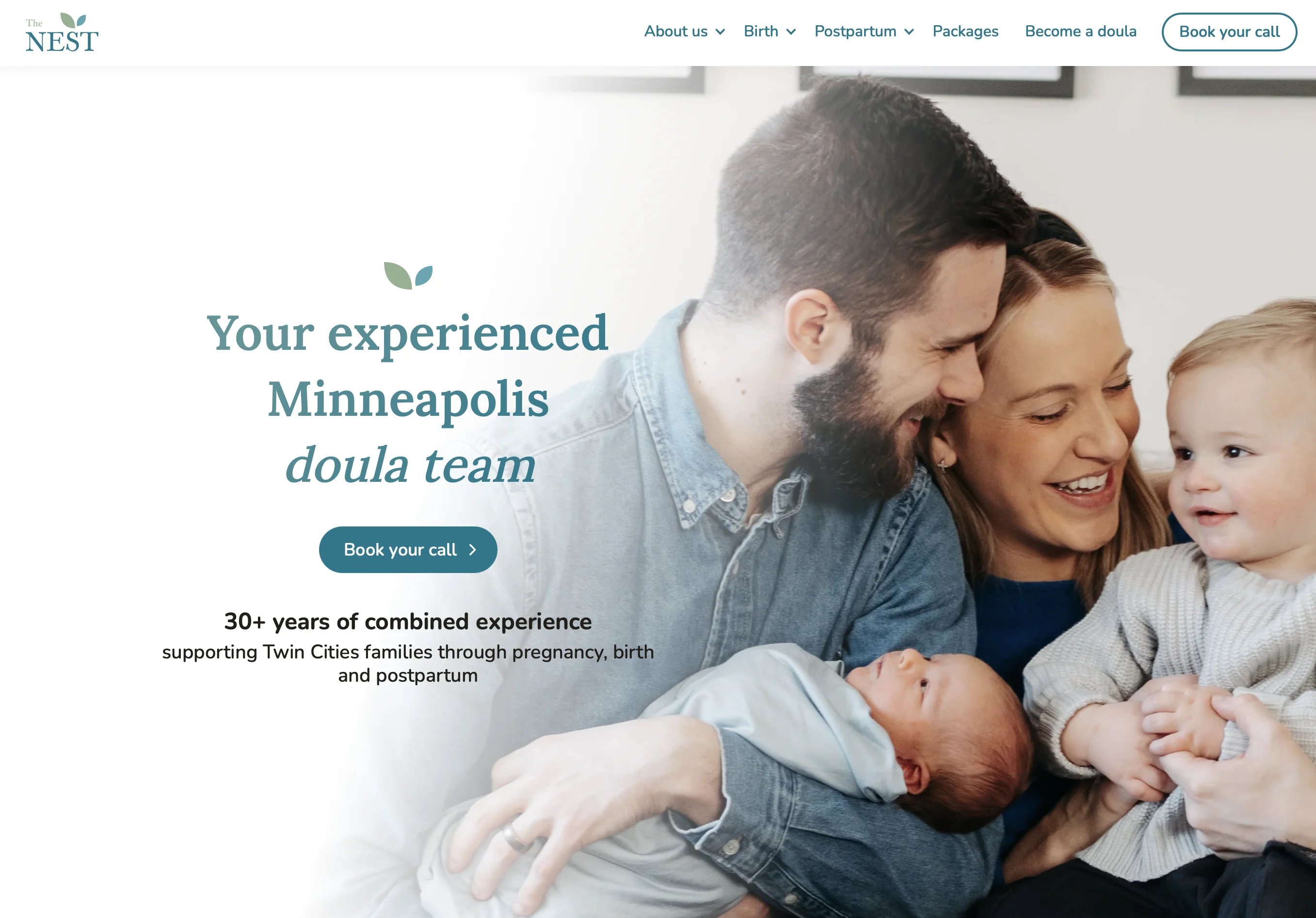 The Nest Birth and Family Services — website landing page hero section