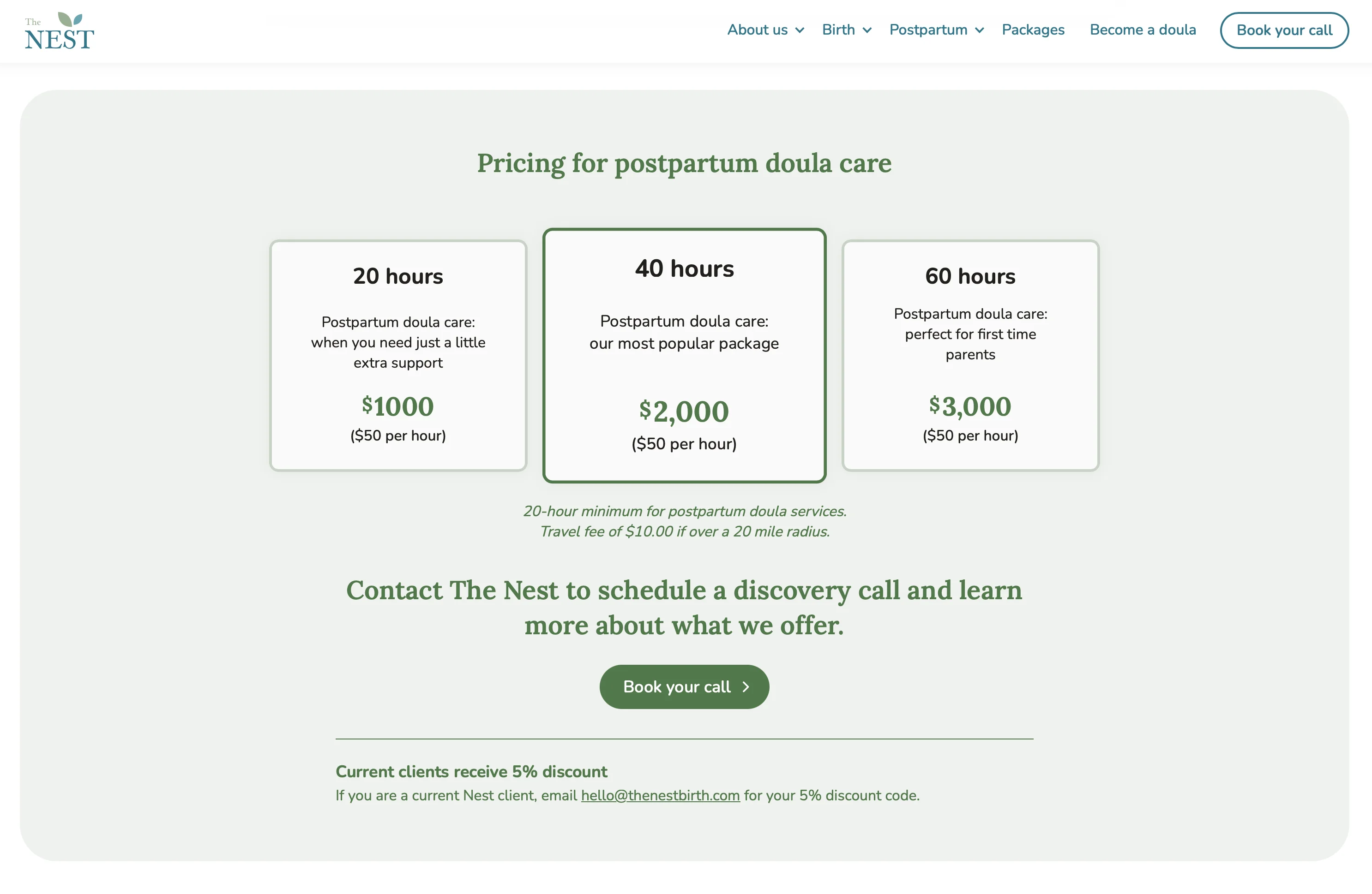 The Nest — pricing section and call to action