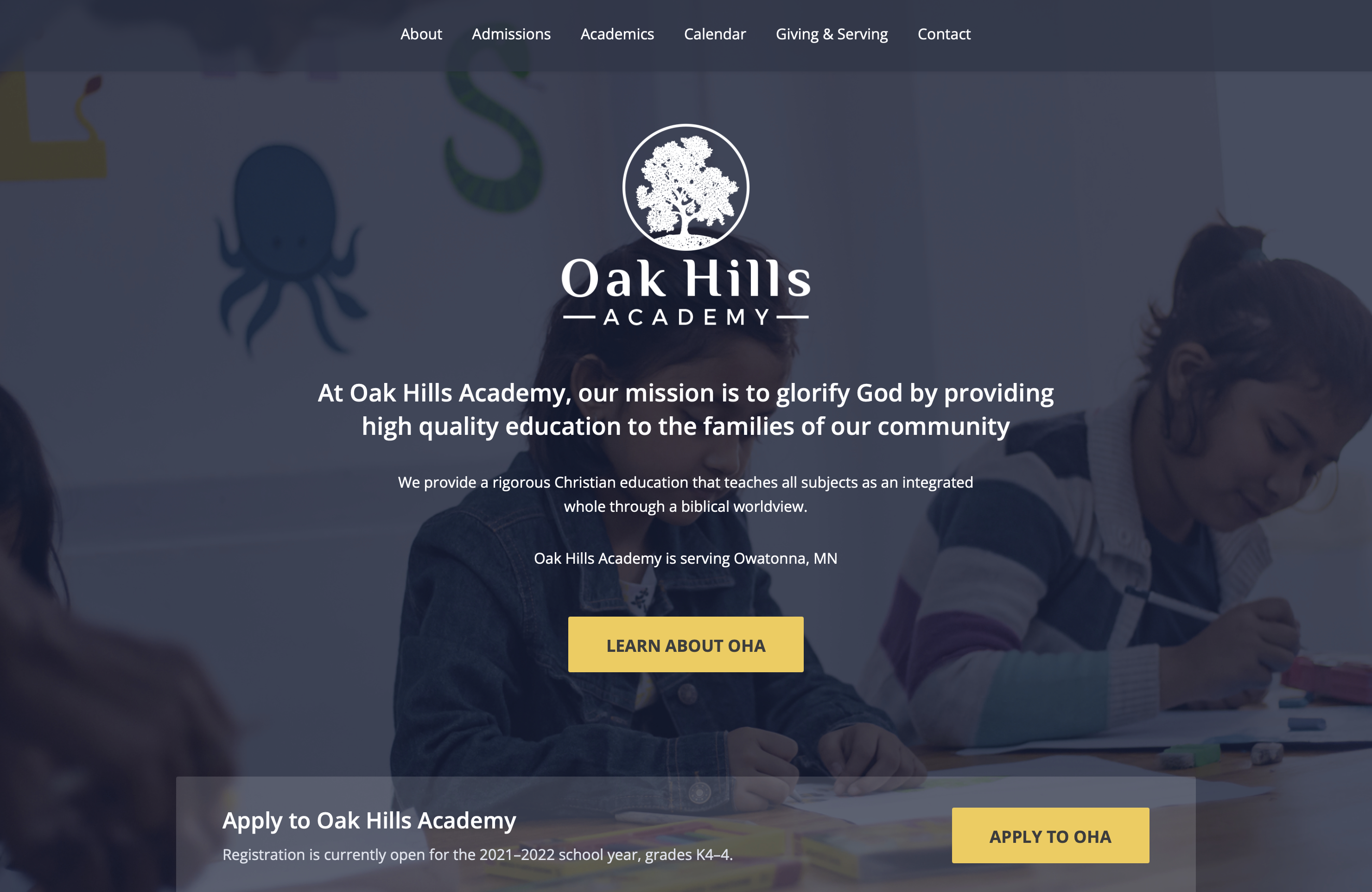Oak Hills Academy — website landing page hero section