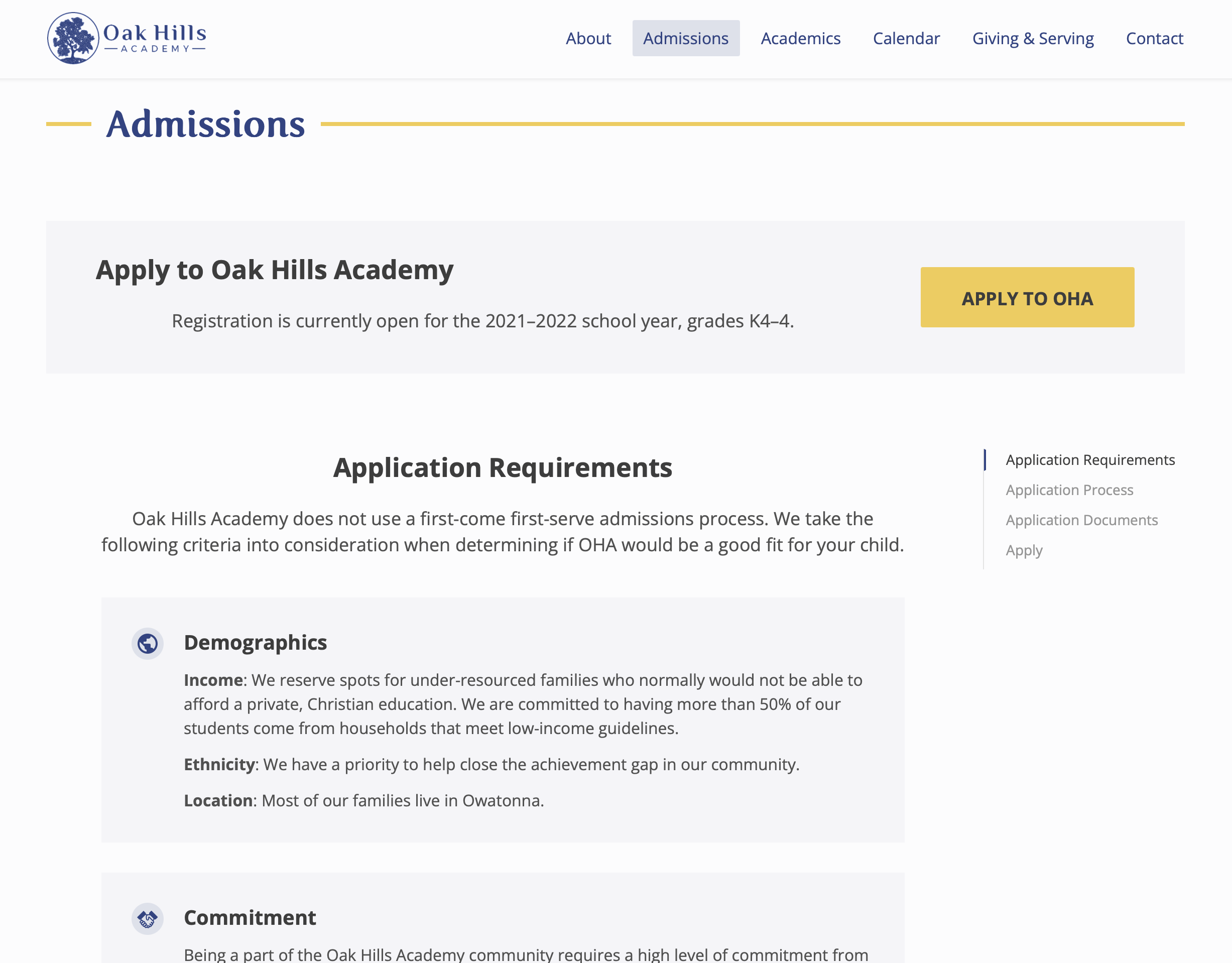 Oak Hills Academy — Admissions page