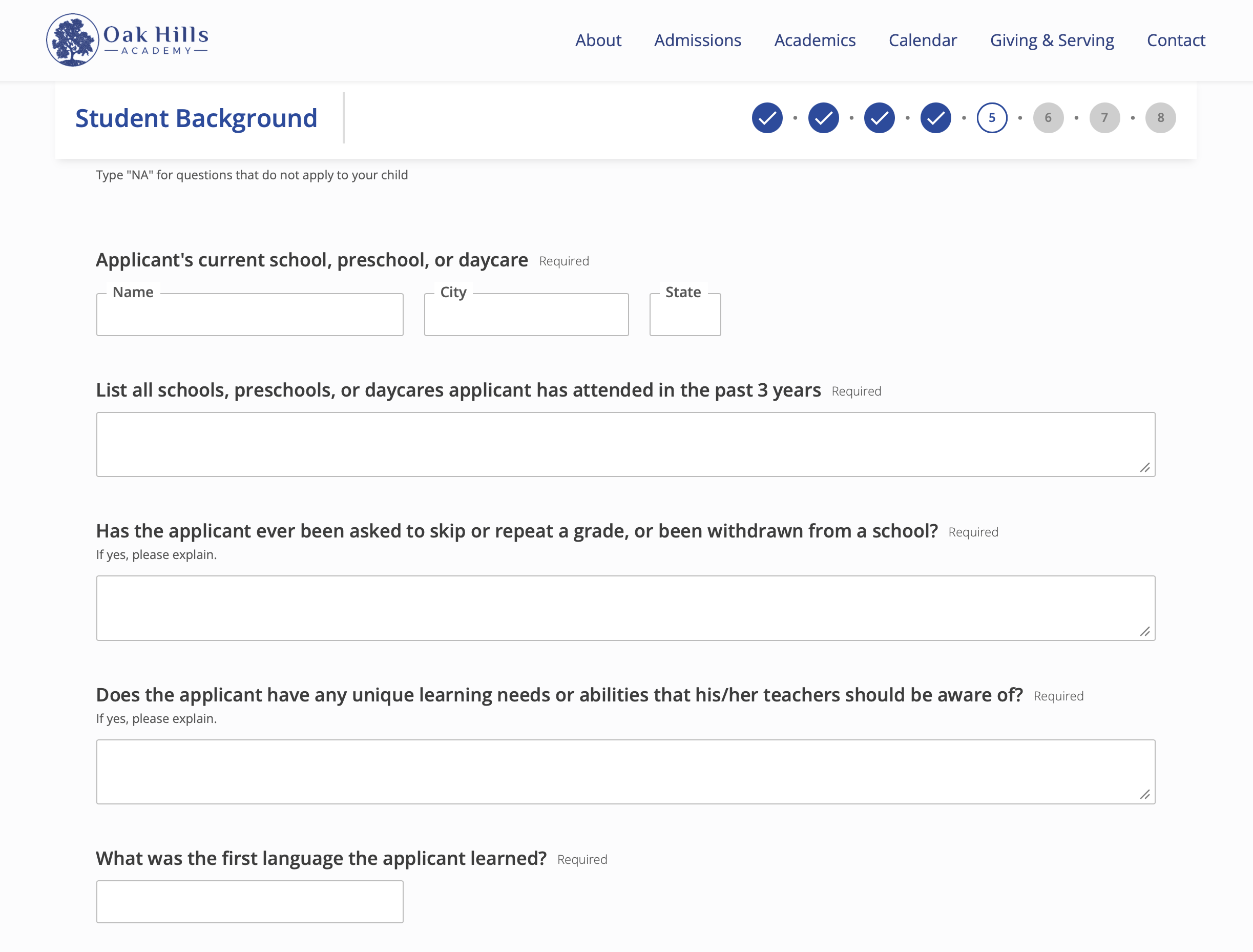 Oak Hills Academy — application page, application in progress